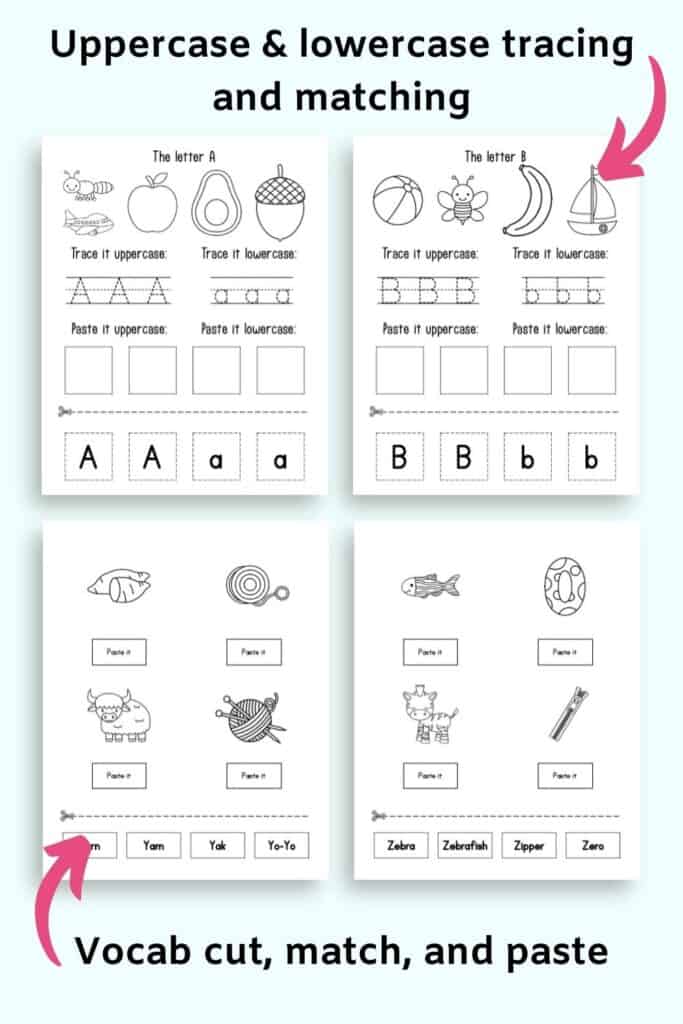 A preview of four cut and paste alphabet and vocabulary matching pages with letters a, b, y, and z