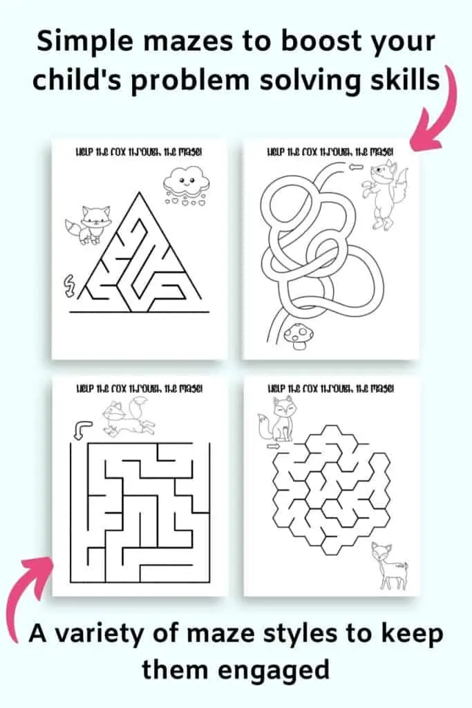 Text "simple mazes to boost your child's problem solving skills" and "a variety of mazes style to keep them engaged" with a preview of four easy mazes