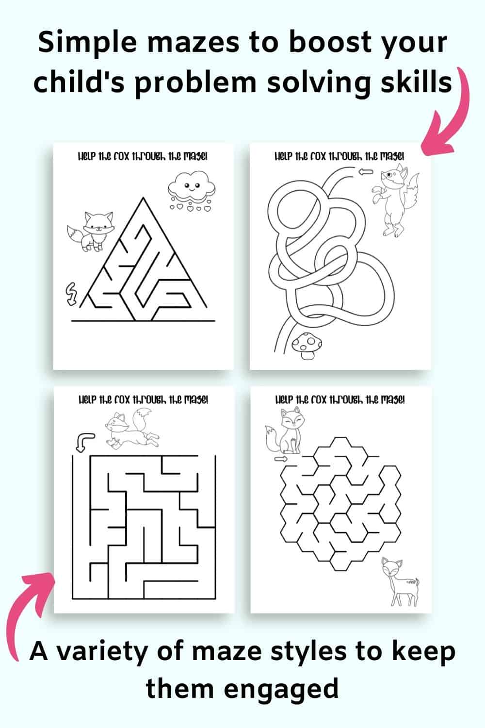Text "simple mazes to boost your child's problem solving skills" and "a variety of mazes style to keep them engaged" with a preview of four easy mazes