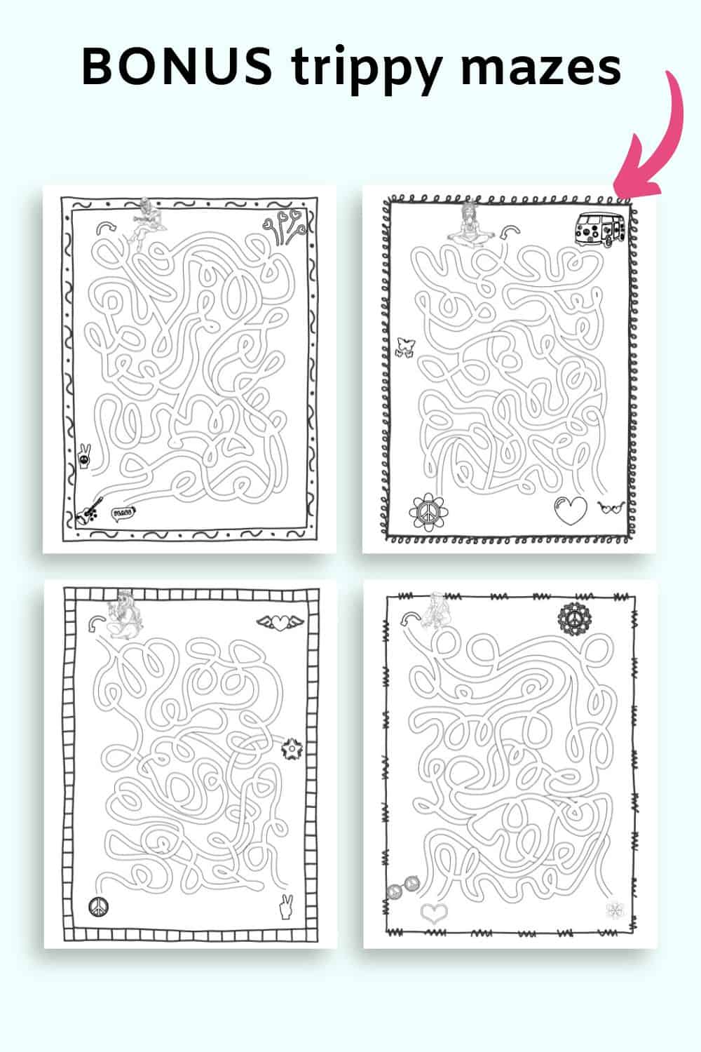 Text "bonus trippy mazes" with four hand drawn mazes