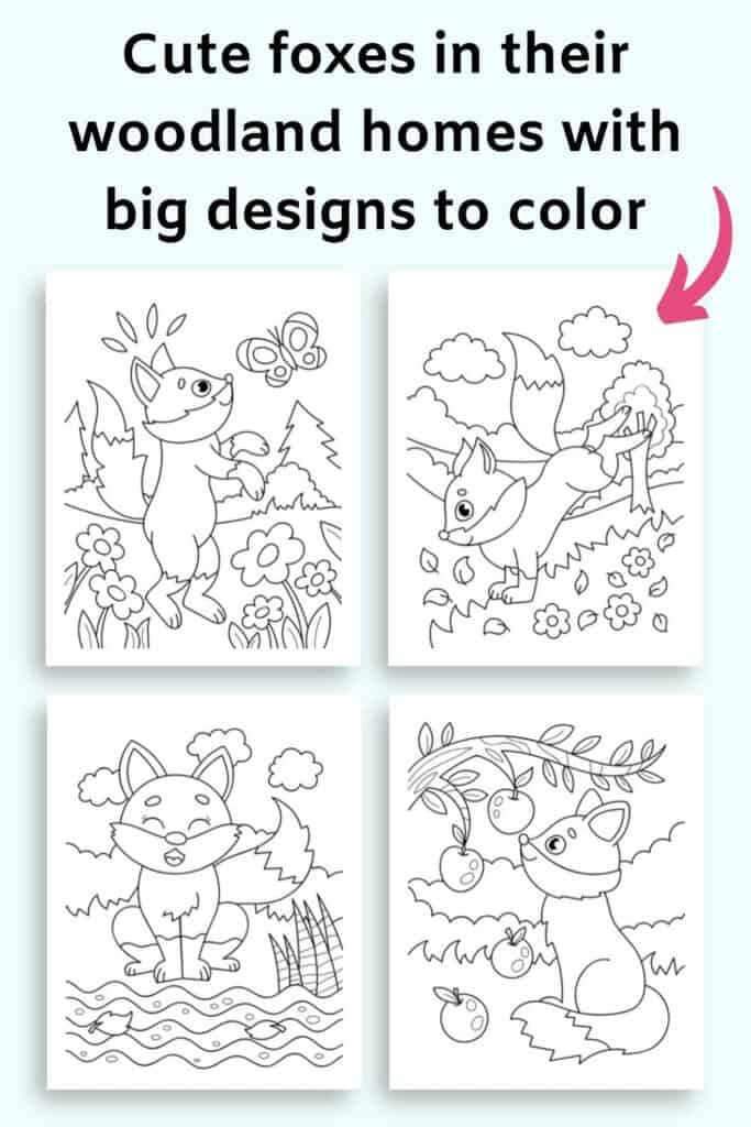 Text "cute foxes in their woodland homes with big designs to color" above a preview of four fox coloring pages.
