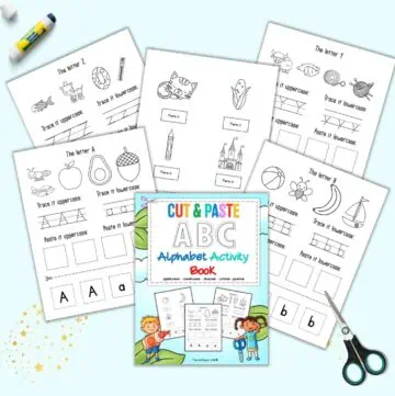 A preview of six pages from a cut and paste alphabet book with beginning letter clipart, uppercase and lowercase letters to trace, and letters to cut and paste
