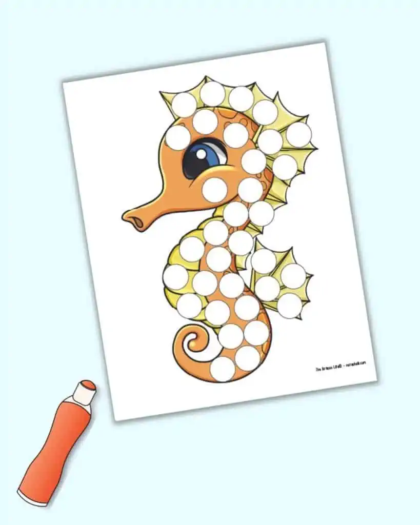 A preview of an orange seahorse dot marker coloring page with an illustrated orange dot marker.