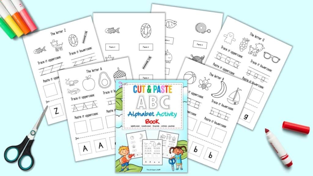 A preview of the front cover from Cut and Paste ABC Alphabet Activity Book and six pages from the interior