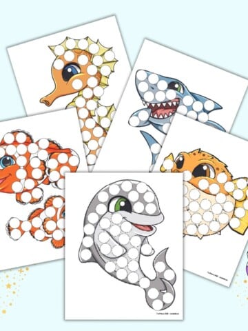 A preview of five colorful cute ocean animal dot marker pages including a dolphin, pufferfish, clownfish, seahorse, and shark
