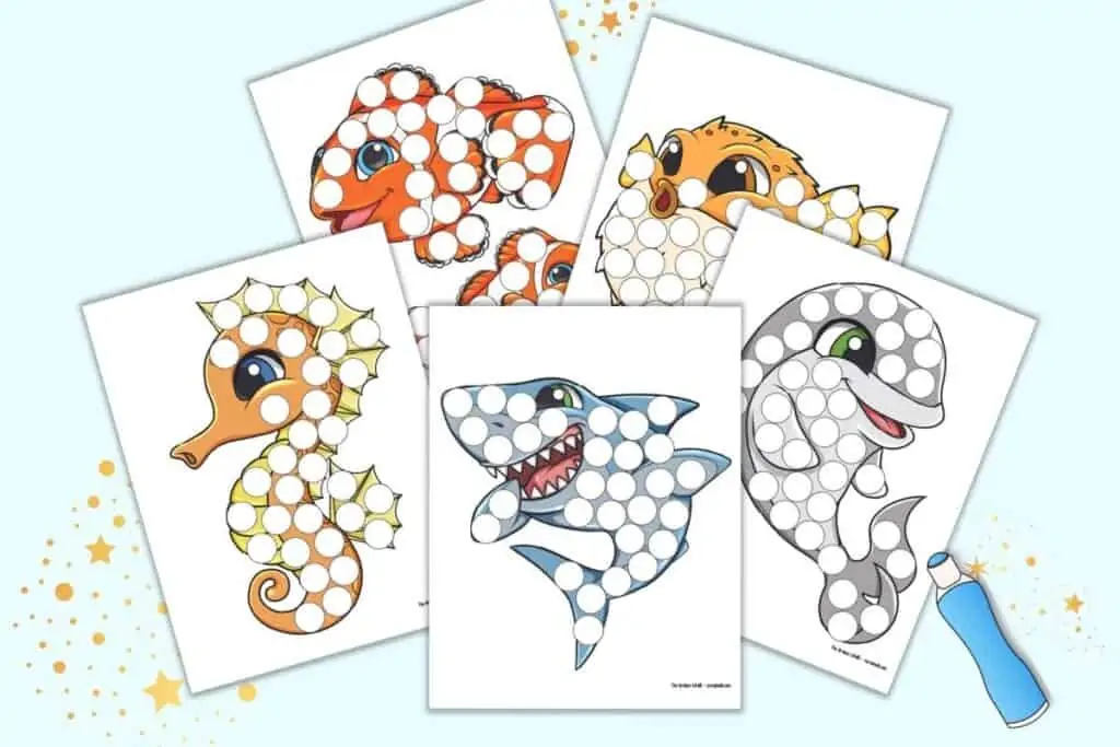 A preview of five cute and colorful ocean animal dot marker pages including a shark, a seahorse, dolphin, a pufferfish, and two clownfish on one page.