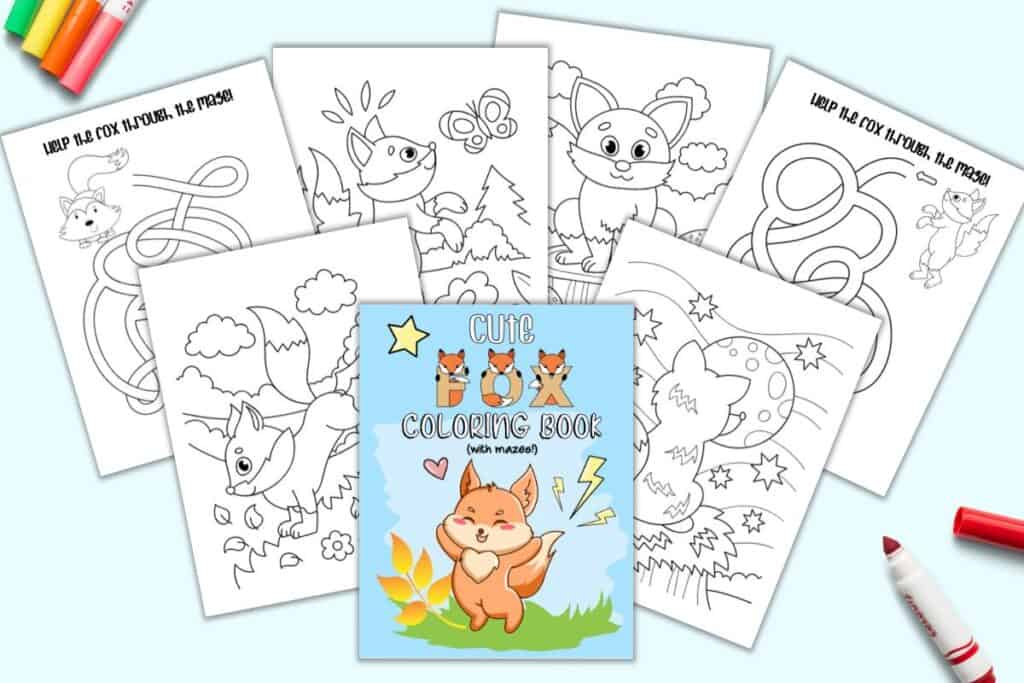 A preview of the front cover of a fox coloring book and six pages from inside the book including four coloring sheets and two mazes.
