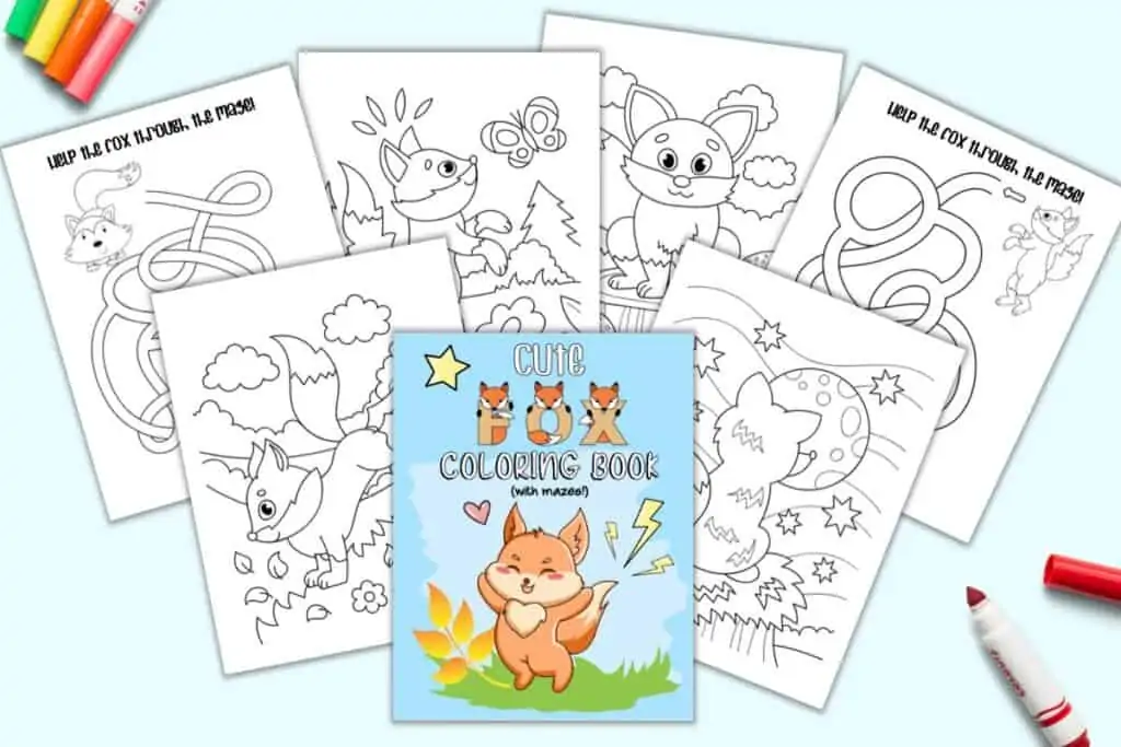 A preview of the front cover of a fox coloring book and six pages from inside the book including four coloring sheets and two mazes.