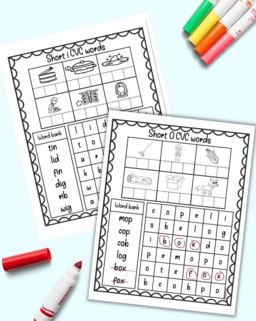 Two pages of short O CVC worksheet with six words and a word search apiece. The words "box" and "fox" are circled on the page in front.