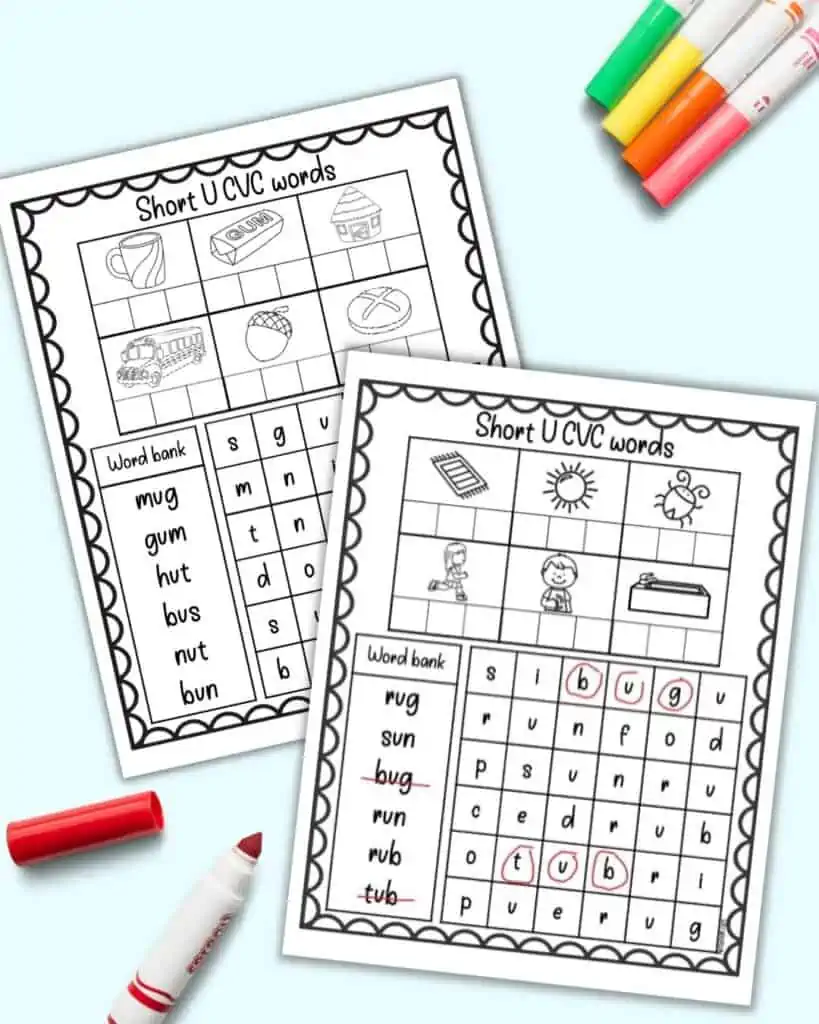 A preview of two short U CVC word worksheets with a word bank, six images, and a word search. The top sheet has "bug" and "rub" circled