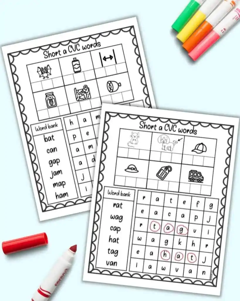 A preview of two printable short a vowel sound CVC worksheets with word searches. Two words are circled in red on the front page.