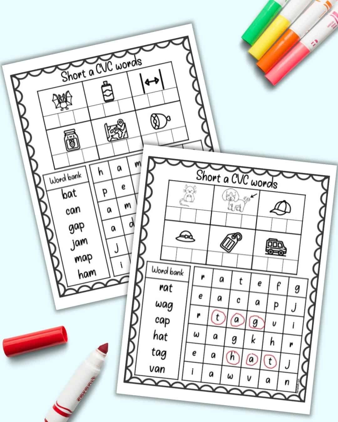 A preview of two printable short a vowel sound CVC worksheets with word searches. Two words are circled in red on the front page.