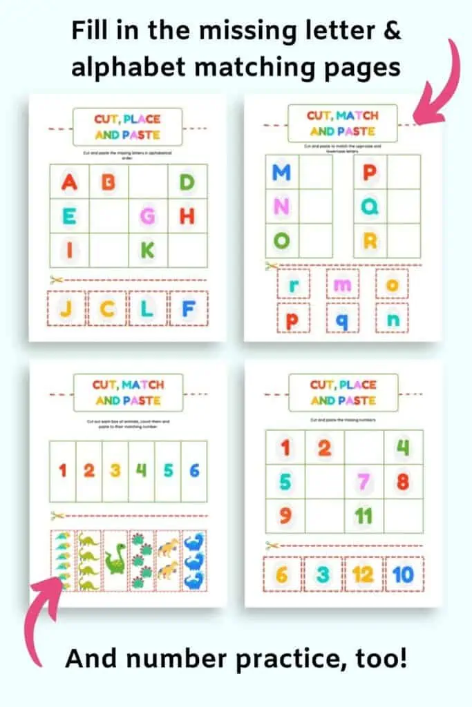 Text "Fill in the missing letters & alphabet matching pages" and "And number practice, too!" with a complete the alphabet page, a letter matching page, a subitizing practice page, and a complete the missing number page.