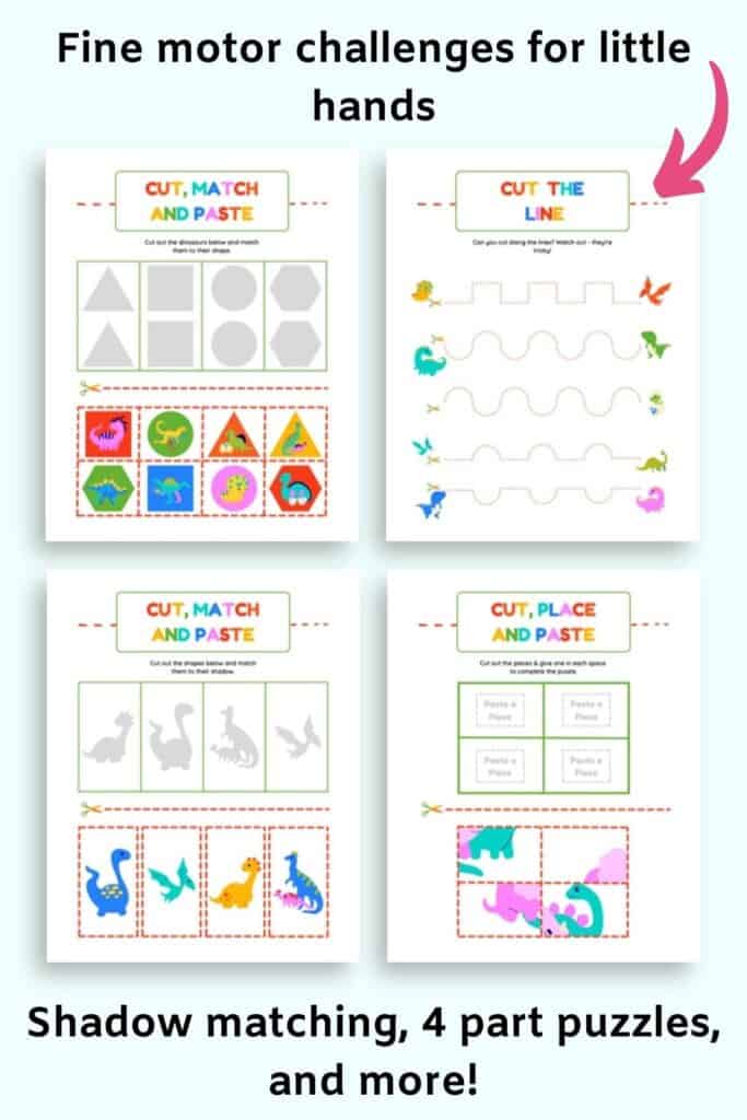 Text "fine motor challenges for little hands" and "shadow matching, puzzles, and more!" with a  preview of four colorful dinosaur cut and paste activity pages.