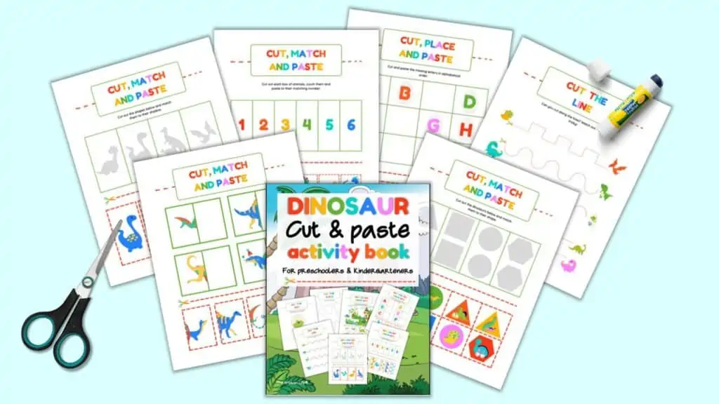 A preview of the front cover of a Dinosaur Cut and Paste Activity Book with six pages of activities including shadow matching, shape matching, lines to trace or cut, and alphabetical order.