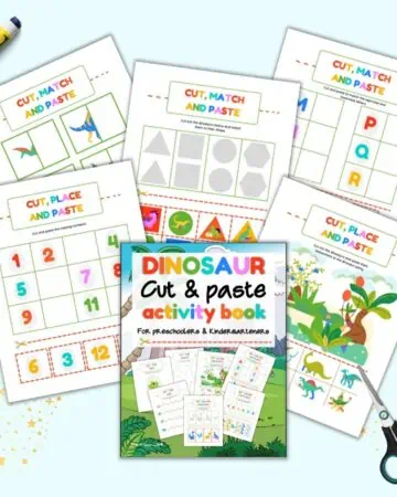 A preview of the front cover and five pages from a book called Dinosaur Cut and Paste Activity Book for preschoolers and kindergarteners.