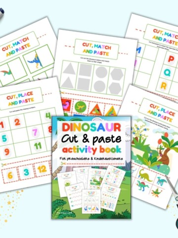 A preview of the front cover and five pages from a book called Dinosaur Cut and Paste Activity Book for preschoolers and kindergarteners.