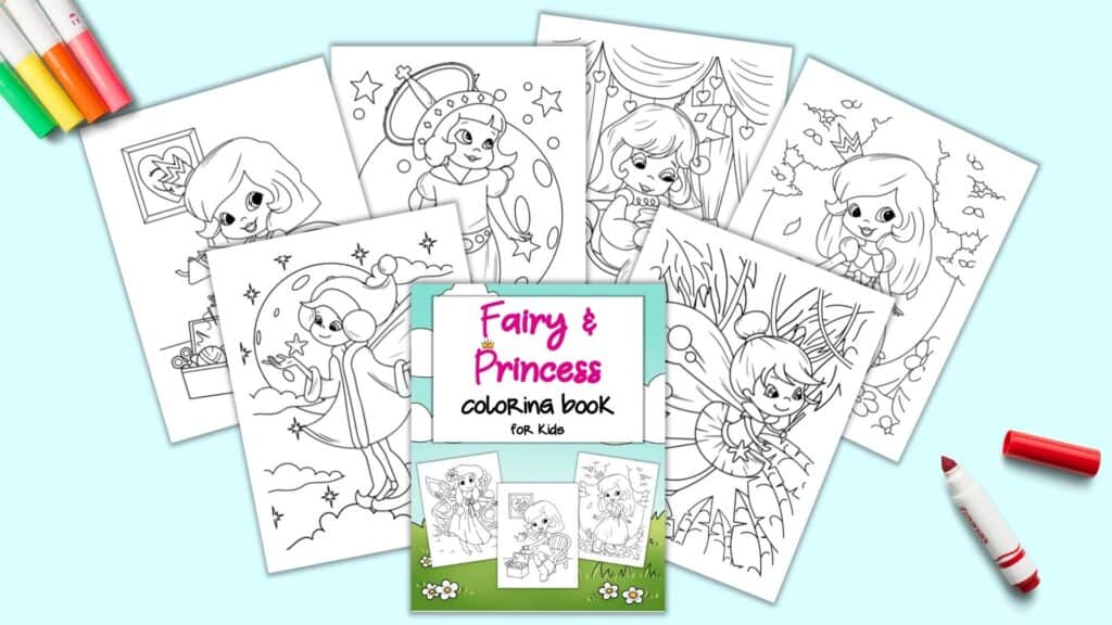 A preview of a fairy princess coloring book with a colored cover and six coloring pages with a fairy or a princess on each one