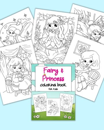 A preview of the front cover from a fairy and princess coloring book for kids with five coloring pages. Each page has a fairy or a princess and a coloring background picture
