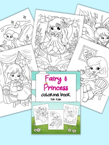 A preview of the front cover from a fairy and princess coloring book for kids with five coloring pages. Each page has a fairy or a princess and a coloring background picture