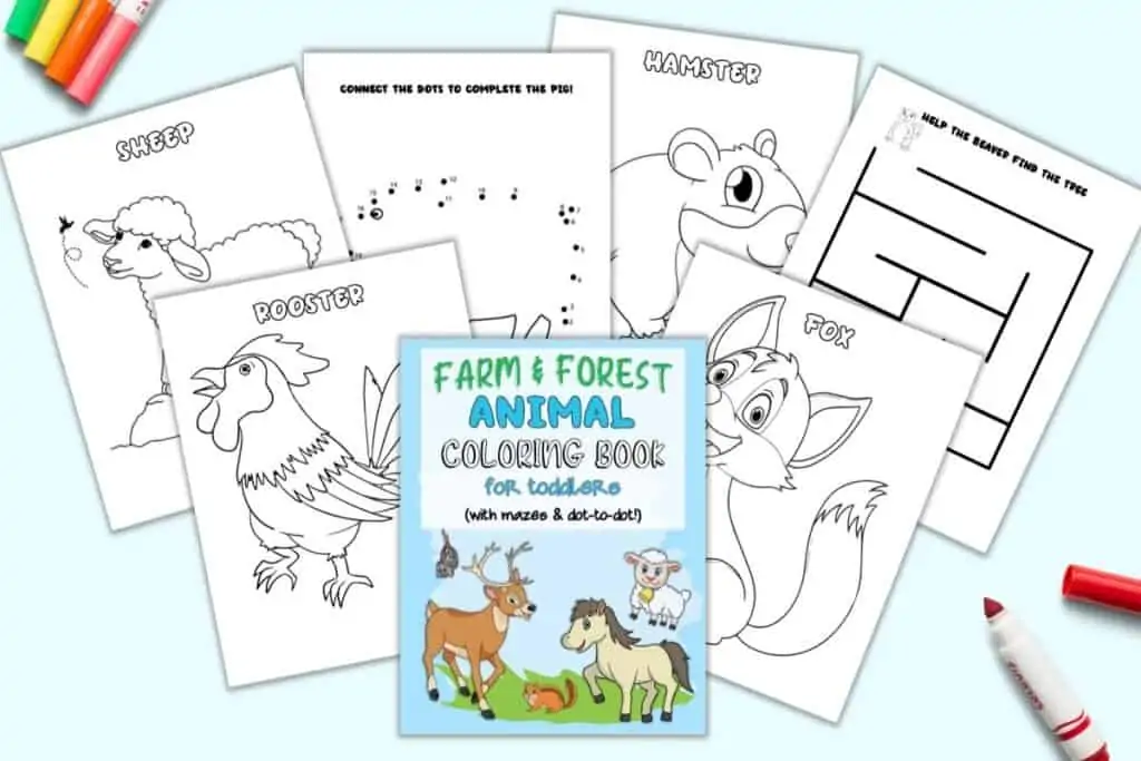A preview of six coloring pages and a front cover for a Farm and Forest Animal coloring book for toddlers