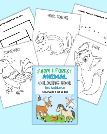 A preview of three animal coloring pages, one maze, and one dot to do with a color cover for Farm and Forest Animals coloring book for toddlers