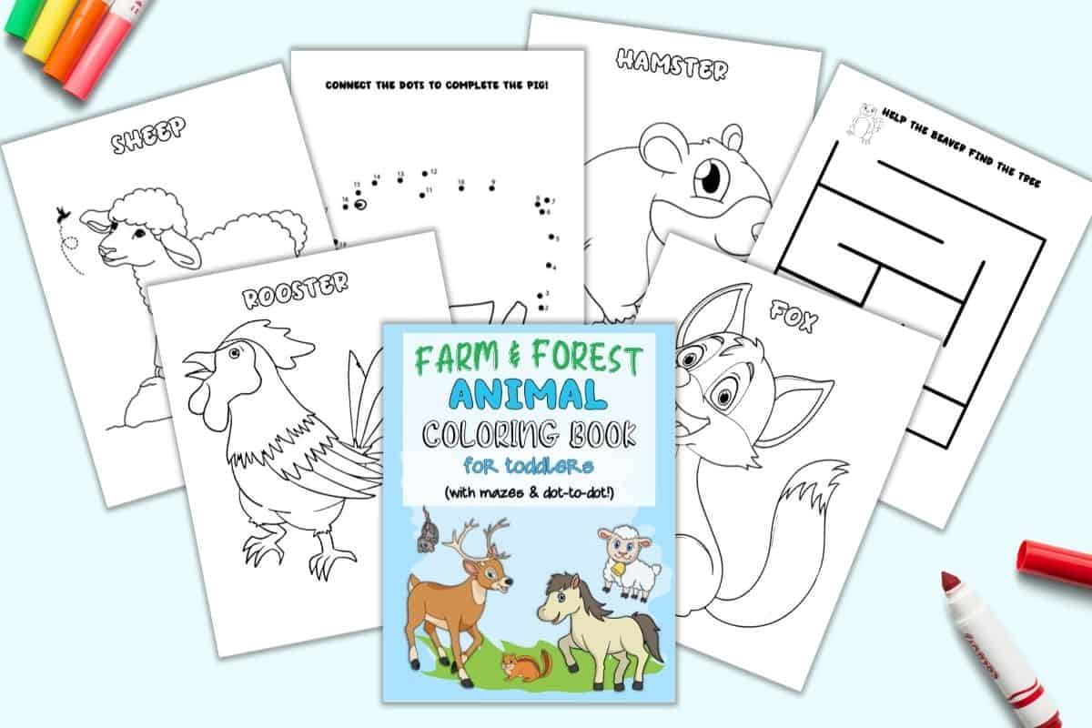 A preview of six coloring pages and a front cover for a Farm and Forest Animal coloring book for toddlers