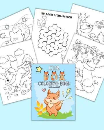 A preview of seven pages from a fox coloring and maze book for preschoolers and kindergarteners