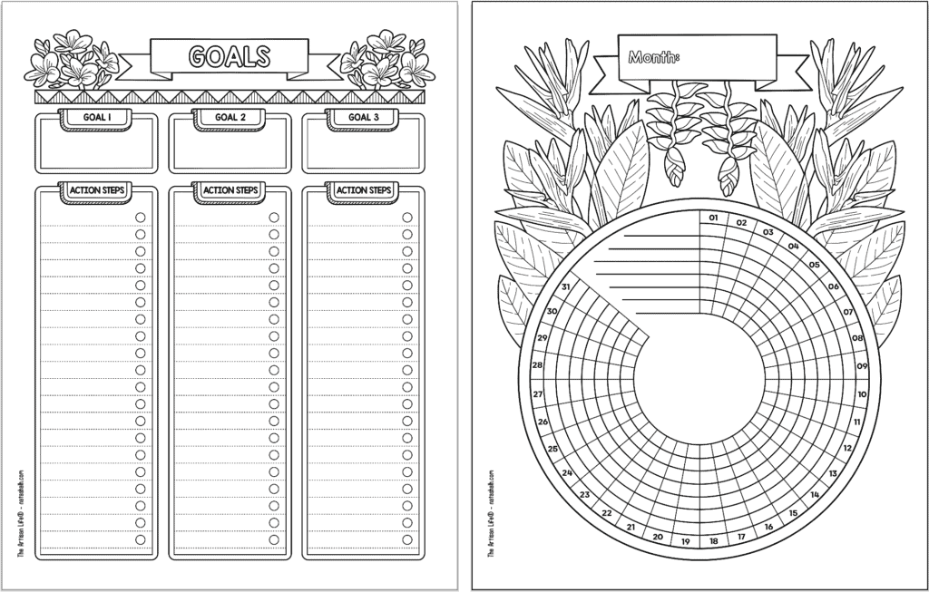 A preview of two pages of bujo printable with tropical flowers. The pages are a goals tracker and a circular habit tracker.