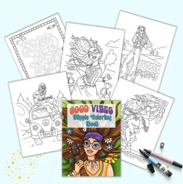 A preview of a color font page for Good Vibe hippie coloring book, four coloring pages, and one hand drawn maze