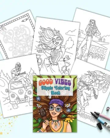A preview of a color font page for Good Vibe hippie coloring book, four coloring pages, and one hand drawn maze