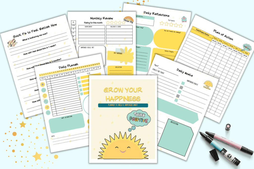 A preview of seven yellow and teal planner pages with a happiness theme.