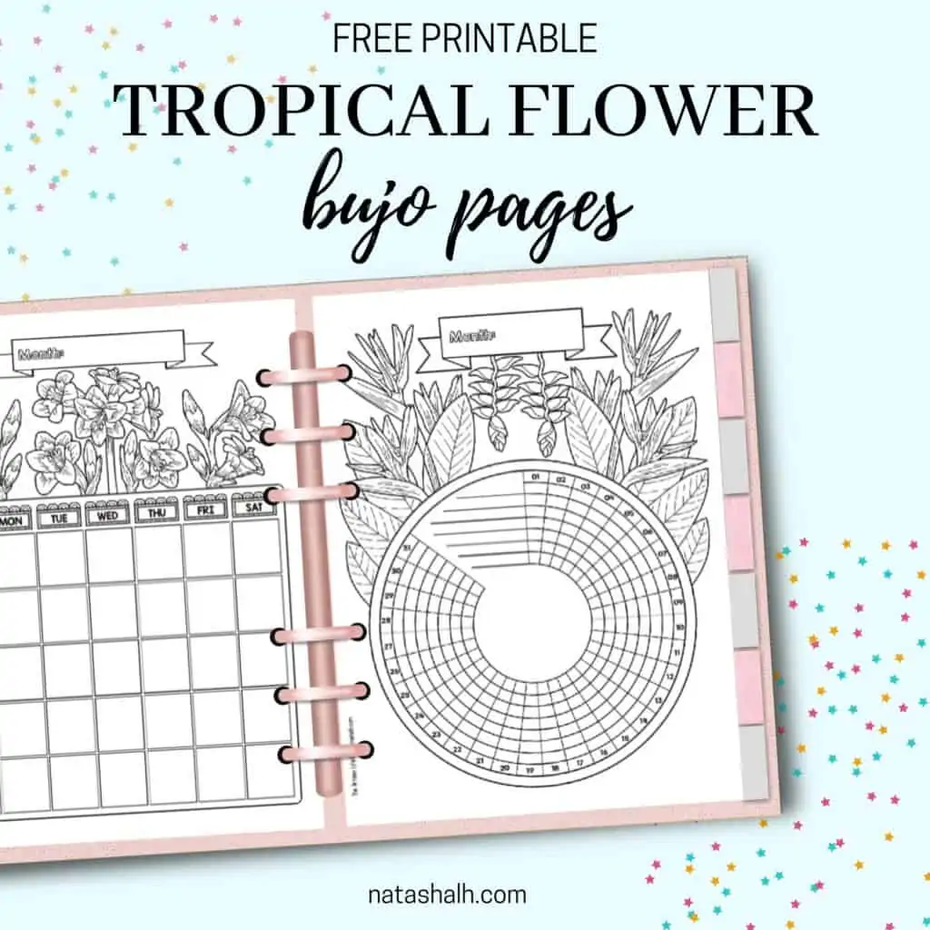 A digital mockup of a six ring planer with at tropical floral monthly calendar and a habit tracker