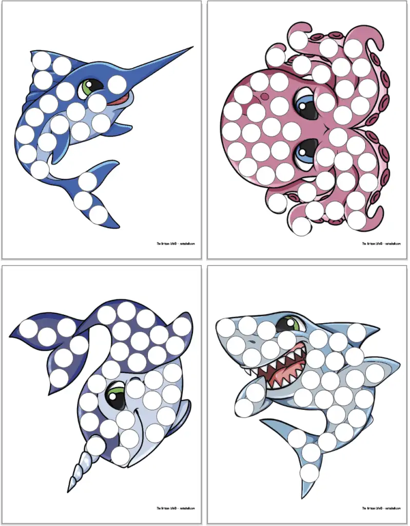 A preview of four colorful cute sea animal dot marker pages including: a marlin, an octopus, a narwhal, and a shark