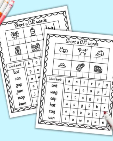 a preview of two pages of short a cvc word worksheet with a word bank, place to write the words, and easy word search