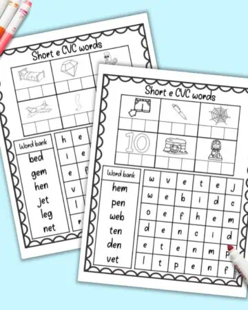A preview of two pages of short e cvc sight words worksheets with simple word searches