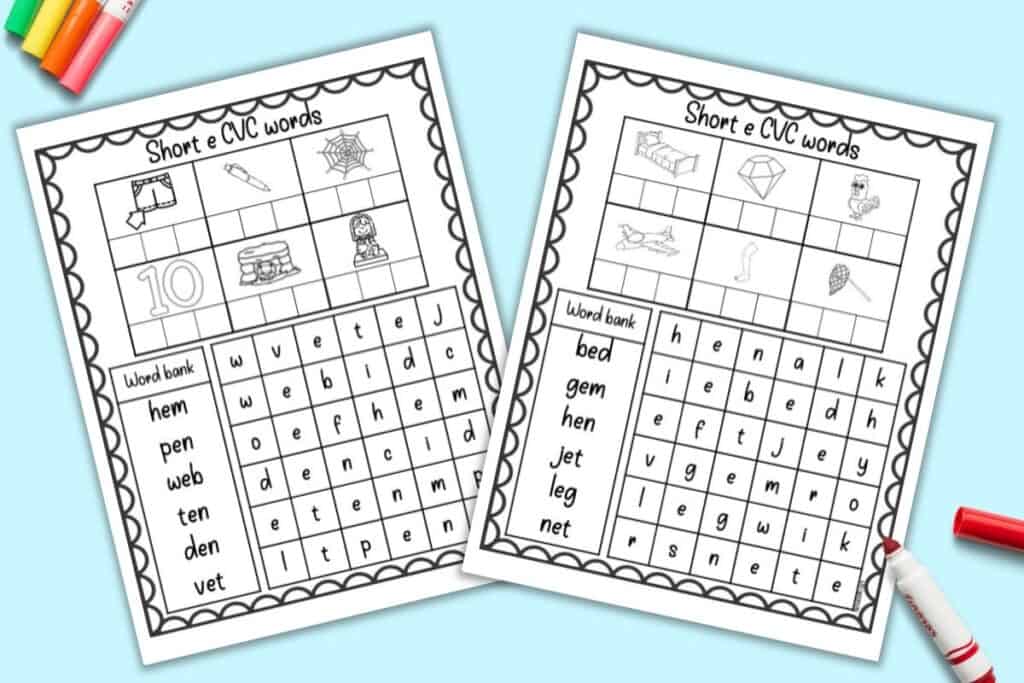 A preview of two pages of CVC word worksheet featuring short e vowel sound words. Each page has six words, clipart to color, and a simple word search