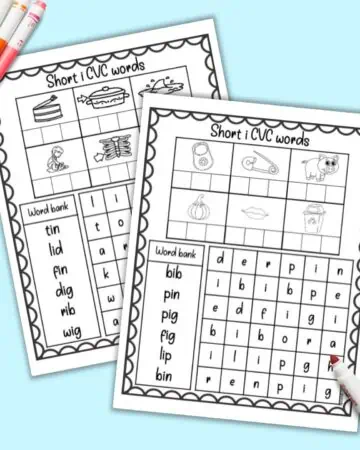 A preview of two short i CVC word worksheet with six words each and an easy word search