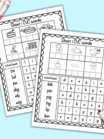 A preview of two short i CVC word worksheet with six words each and an easy word search