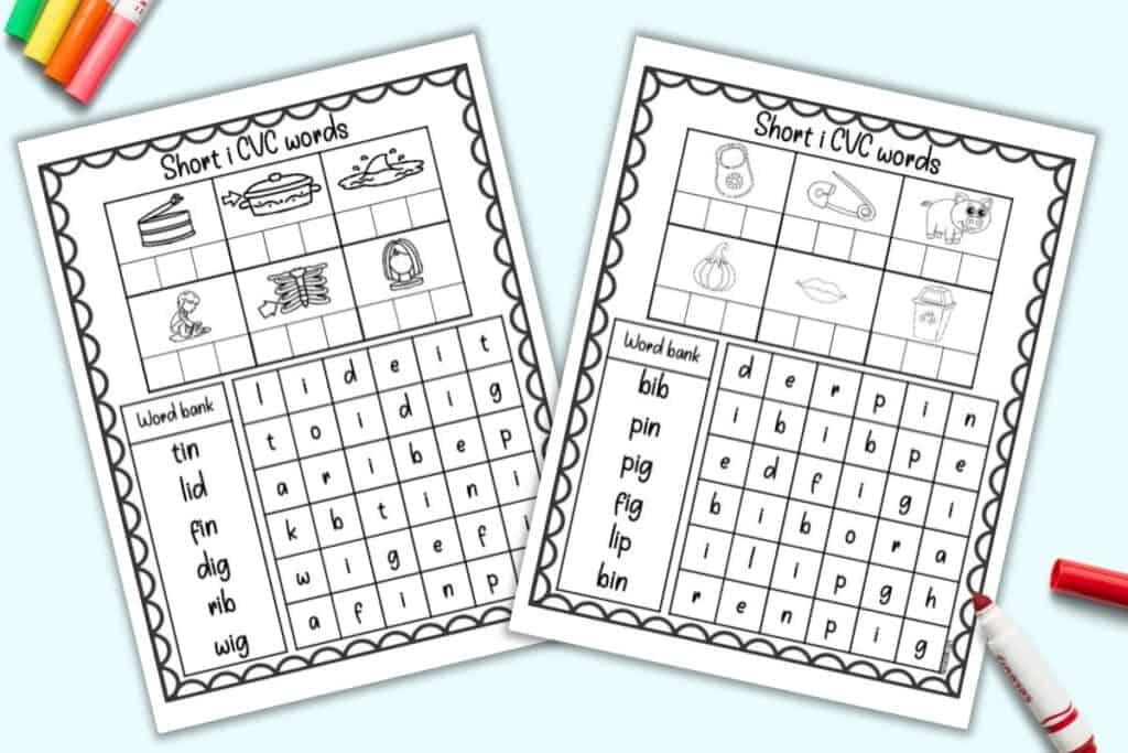 A preview of two pages of CVC word worksheet featuring short i vowel sound words. Each page has six words, clipart to color, and a simple word search