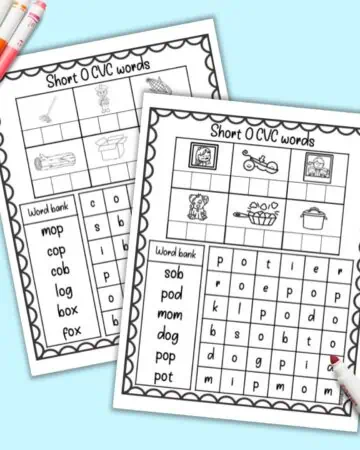 Two pages of short O CVC worksheet with six words and a word search apiece.