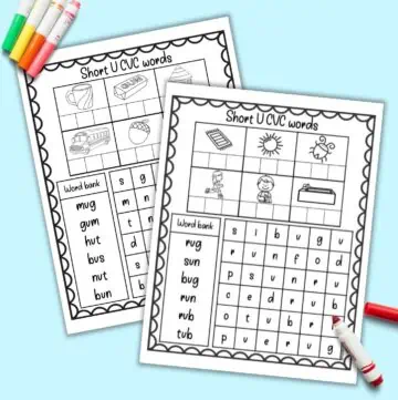 A preview of two short U CVC word worksheets with a word bank, six images, and a word search. The pages are on a blue background with colorful children's markers.
