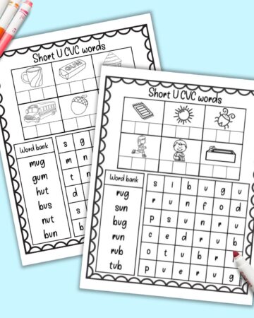 A preview of two short U CVC word worksheets with a word bank, six images, and a word search. The pages are on a blue background with colorful children's markers.