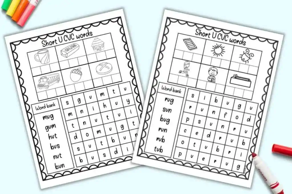 A preview of two short U CVC word worksheets with a word bank, six images, and a word search.
