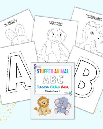 A preview of six pages for a stuffed animal themed scissor skills cutting book for preschoolers and kindergarteners