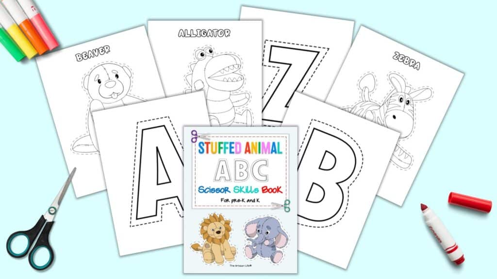A preview of seven pages for a stuffed animal themed scissor skills cutting book for preschoolers and kindergarteners