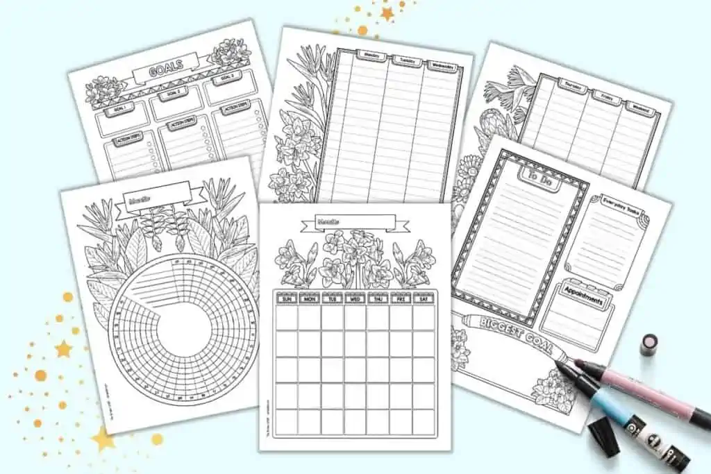 A preview of six pages of tropical flower themed bullet journal style printables. Page include an undated monthly calendar, a circular habit tracker, a daily log, a two page weekly spread, and a goals tracker.