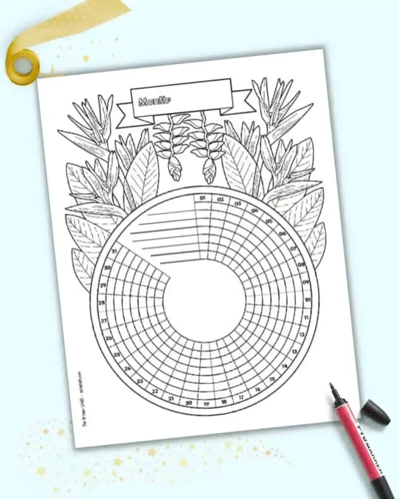 A circular habit tracker with 31 days and tropical flowers to color