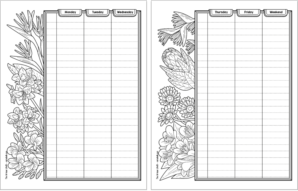 A preview of two pages of bujo printable with tropical flowers. The pages are two sheets of a weekly log spread with 24 lines on each day.