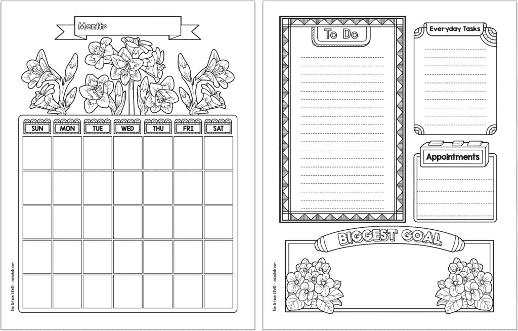 A preview of two pages of bujo printable with tropical flowers. Pages include an undated monthly calendar and a daily log.